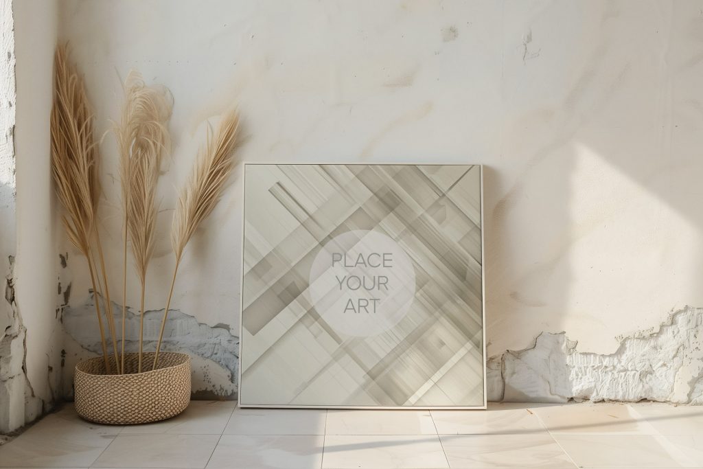 Vertical oak frame mockup leaning on the wall inside a bright neutral room with light chevron parquet flooring and a tall beige ceramic vase.