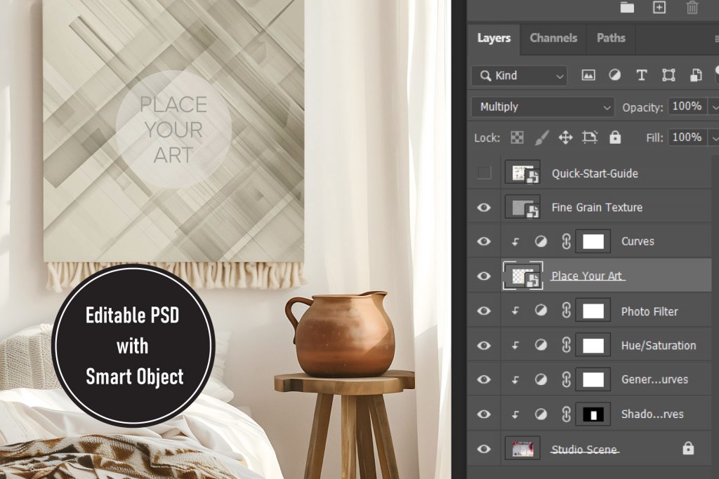 Photoshop layers panel showing the smart object feature for a square canvas mockup in a boho bedroom setting.