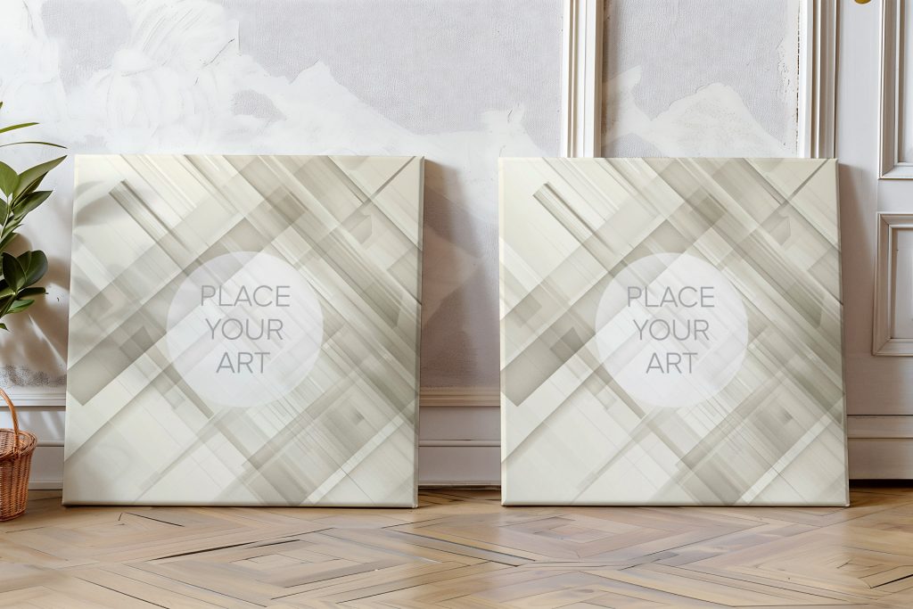 Two identical square canvas mockups leaning side-by-side on a light wood chevron floor against a white paneled wall.