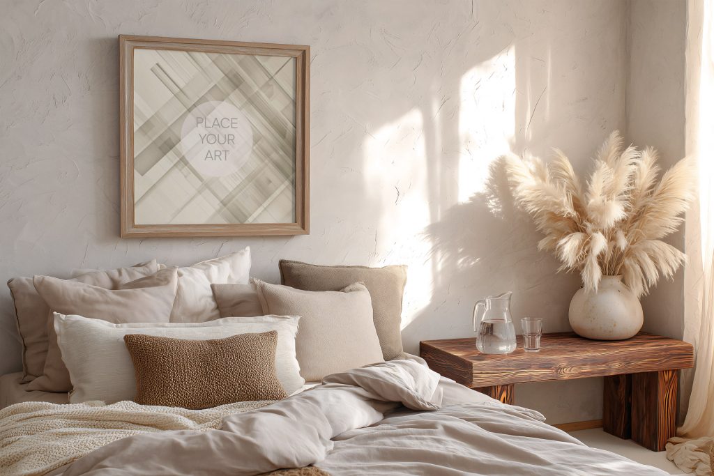 Square wooden frame mockup hanging on a textured wall in a bedroom above neutral bedding and a rustic wooden nightstand with pampas grass.
