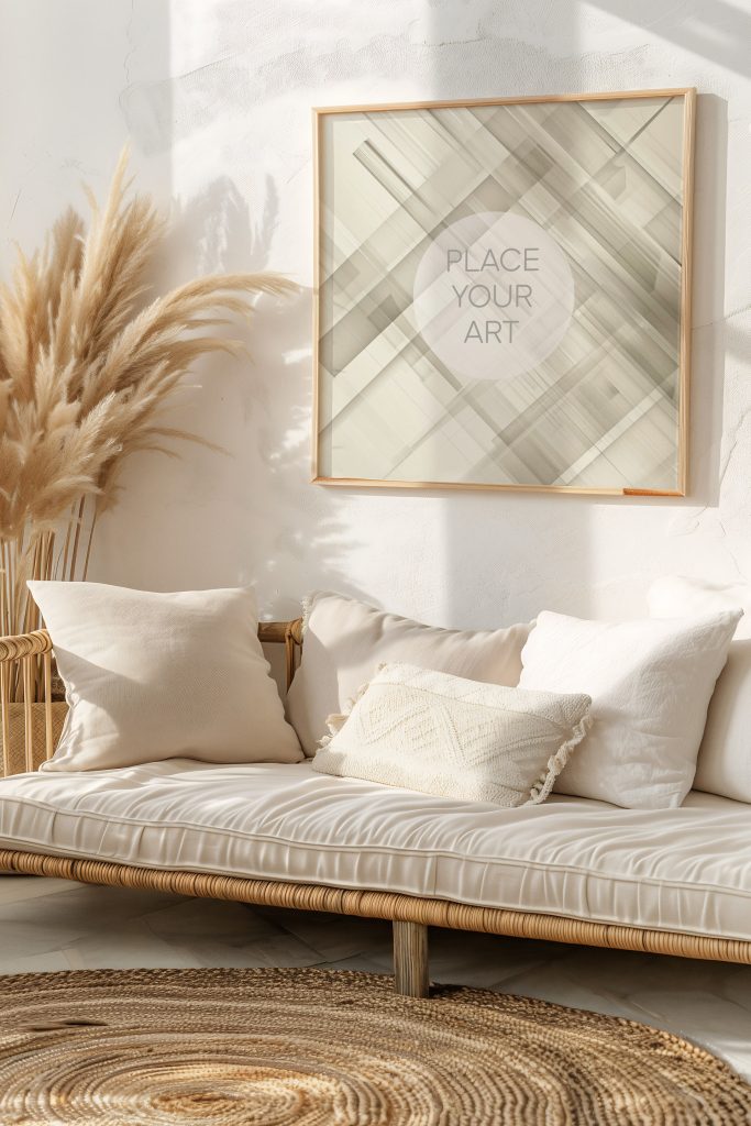 Square wooden frame mockup hanging on a textured wall above a rattan sofa with cushions, a round jute rug, and tall pampas grass.