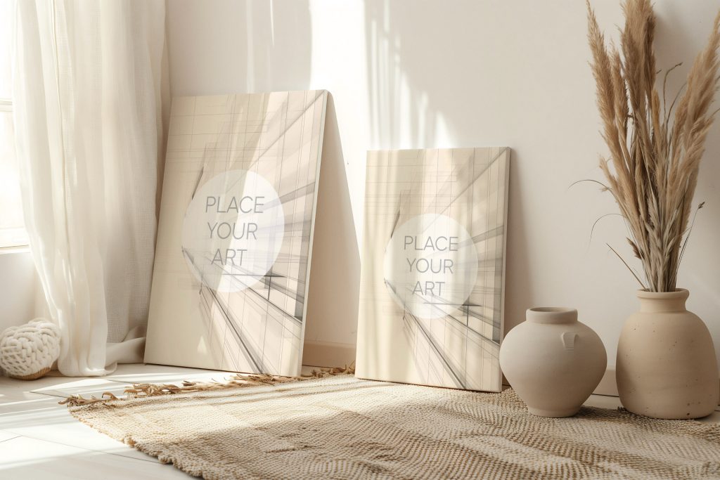 Two blank canvas mockups leaning on the wall inside a bright warm boho room with a textured jute rug and beige ceramic vases.