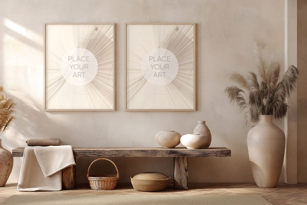 Two vertical wooden frames mockup hanging in parallel above a dark rustic wood bench with ceramic vases, a wicker basket, and tall pampas grass.