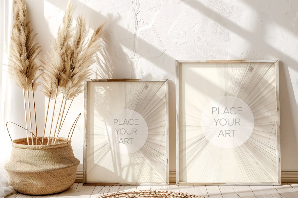Two multi-size wooden frames leaning on the floor next to a woven wicker basket filled with dense pampas grass under strong sunlight shadows.