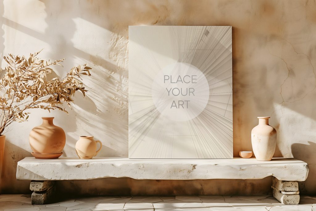 Vertical canvas mockup resting on a long white rustic stone bench surrounded by terracotta pottery and dried branches against a textured plaster wall.