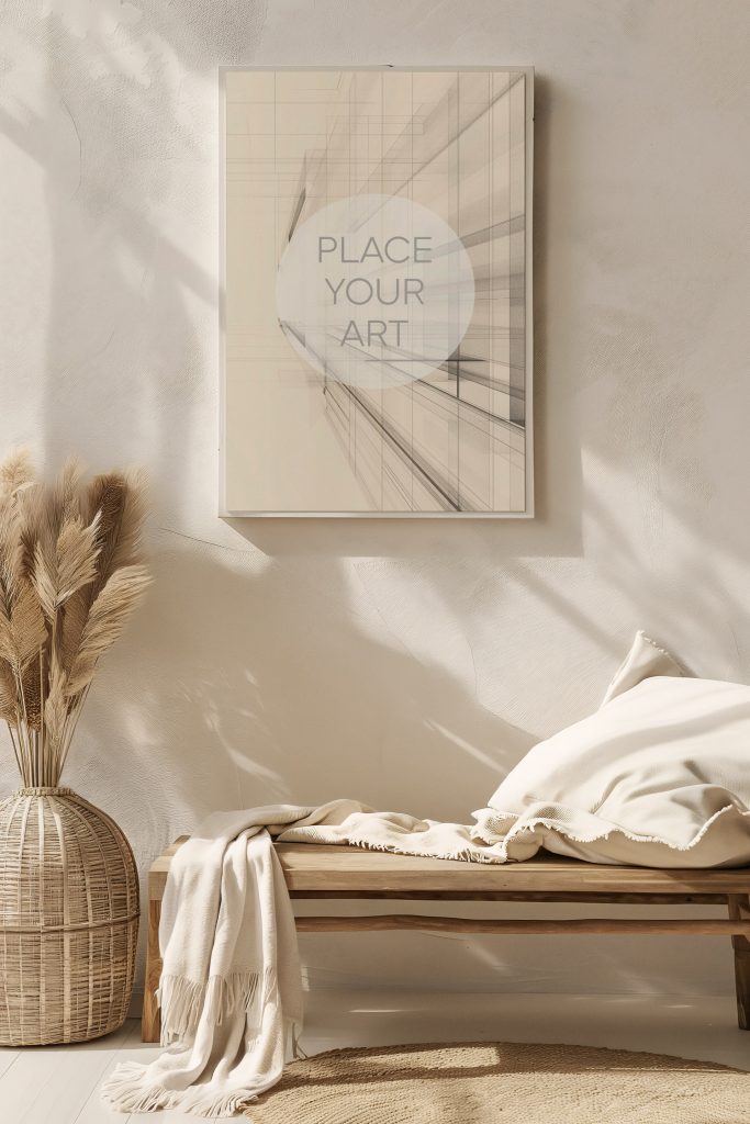 Vertical canvas mockup hanging on a white wall above a rustic wooden bench with blankets and a tall wicker vase with pampas grass.