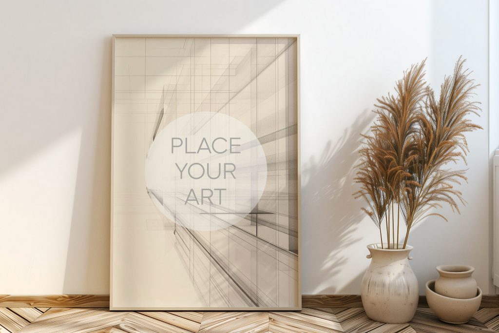 Vertical oak frame mockup leaning on a chevron wooden floor next to a ceramic vase with pampas grass and soft sunlight wall shadows.