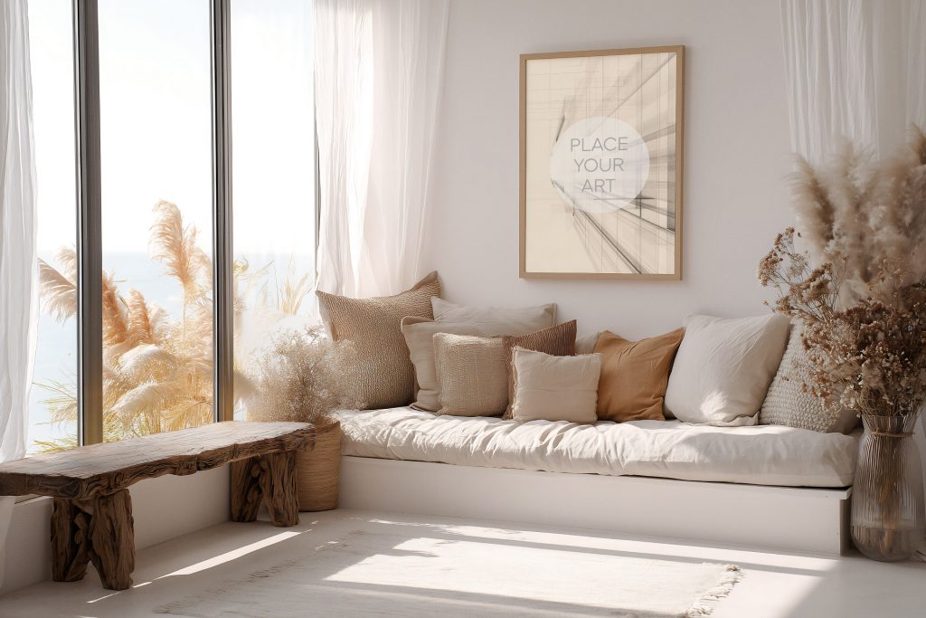 Vertical wooden frame mockup hanging on a white wall above a daybed with neutral cushions next to a rustic wooden bench and large window.