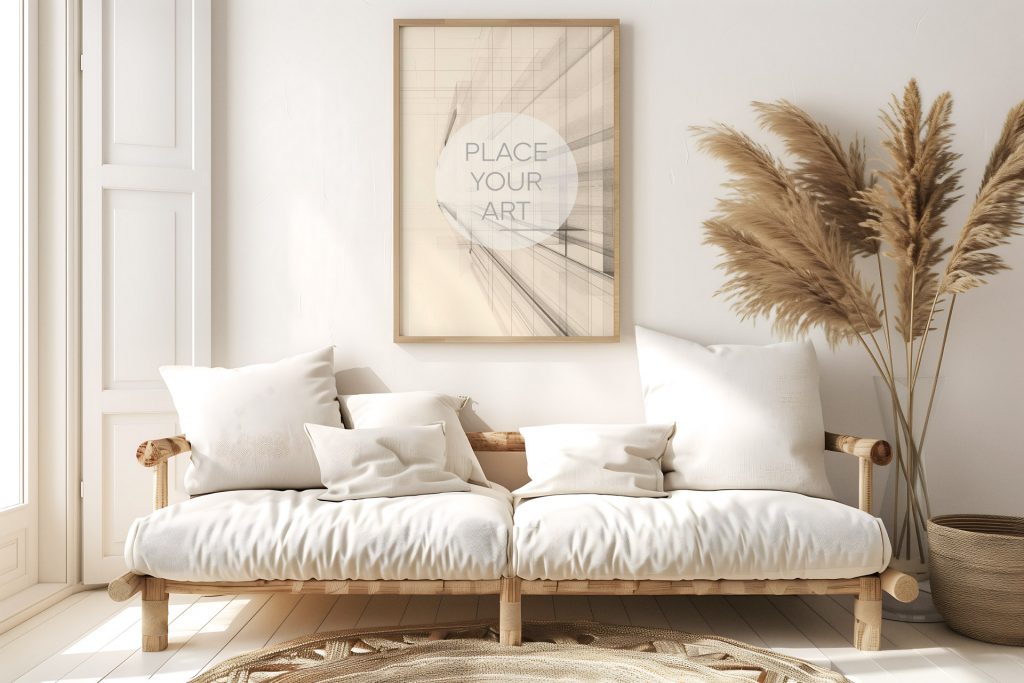 Vertical wooden frame mockup hanging on a white wall above a bamboo sofa with cushions next to a window and tall pampas grass.