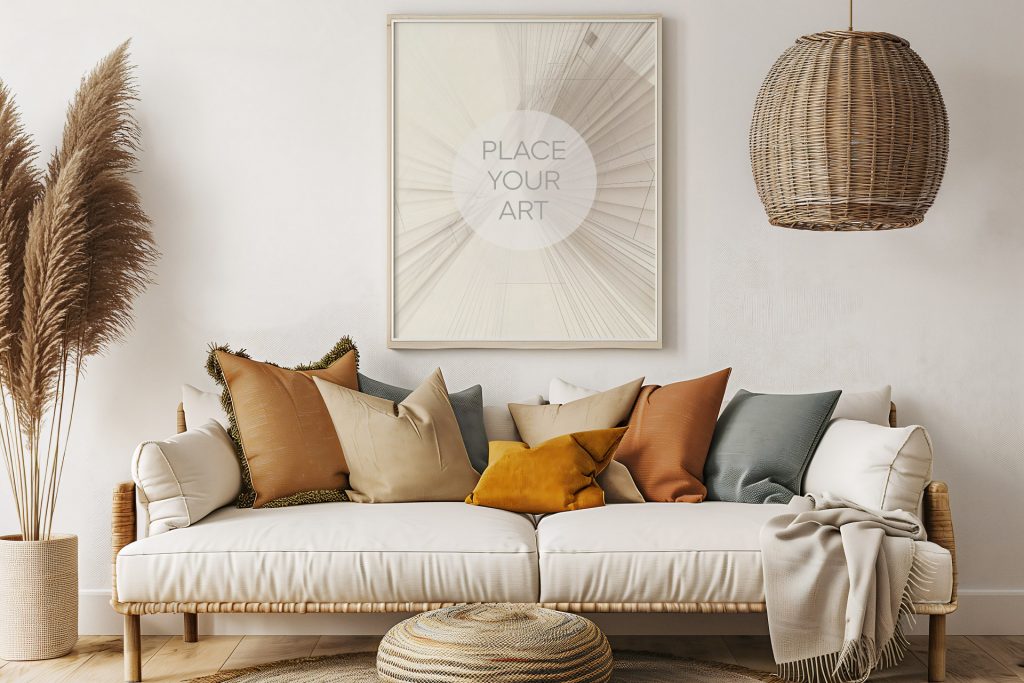 Vertical wooden frame mockup hanging on a white wall above a rattan sofa with colorful earth-toned cushions, a woven pouf, and a wicker pendant lamp.