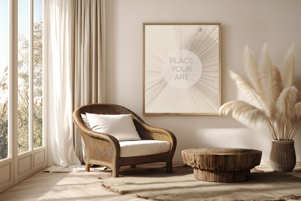Vertical wooden frame mockup hanging on a white wall above a dark wicker armchair, a rustic log coffee table, and tall pampas grass.