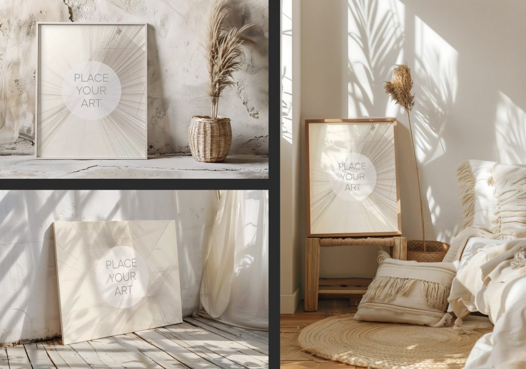A three-image collage showcasing various boho frame and canvas mockups inside sun-drenched neutral rooms with pampas grass, fringed pillows, and jute rugs.