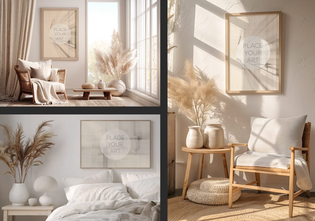 A horizontal marketing banner collage featuring three mockup scenes: a vertical frame in a bright living room, a landscape frame over a bed, and a wooden poster frame next to an armchair.