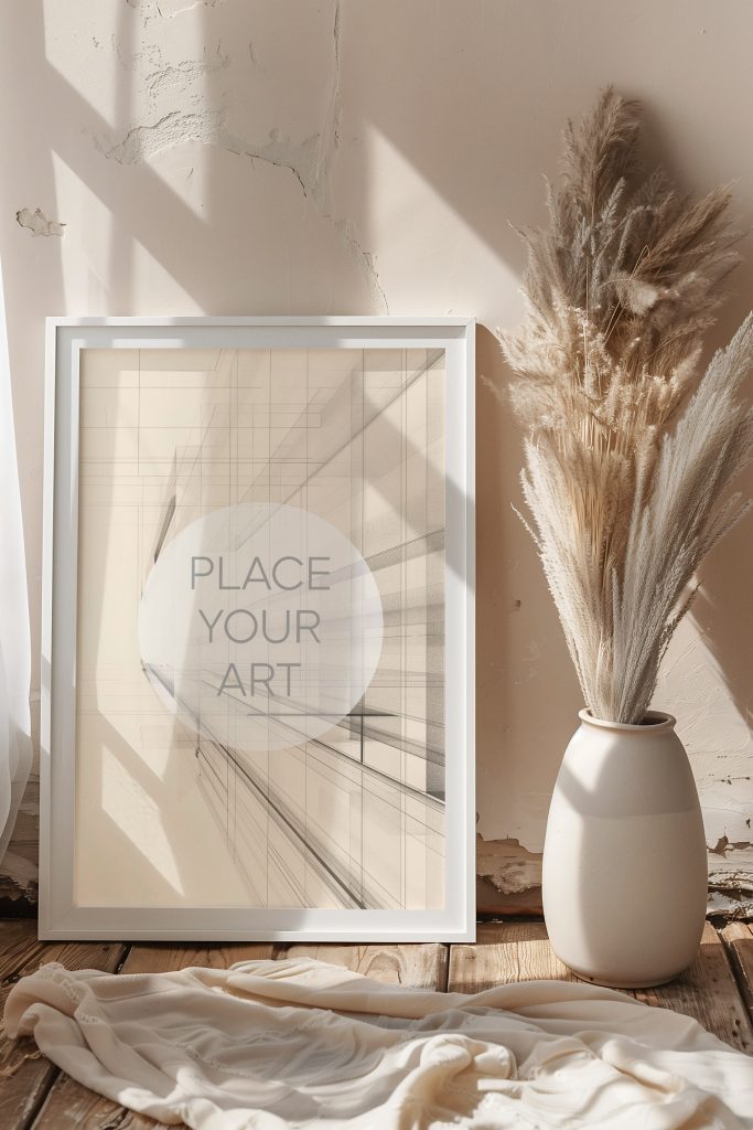 Vertical wooden frame mockup leaning on a light timber floor against a clean white wall with soft window sunlight shadows.