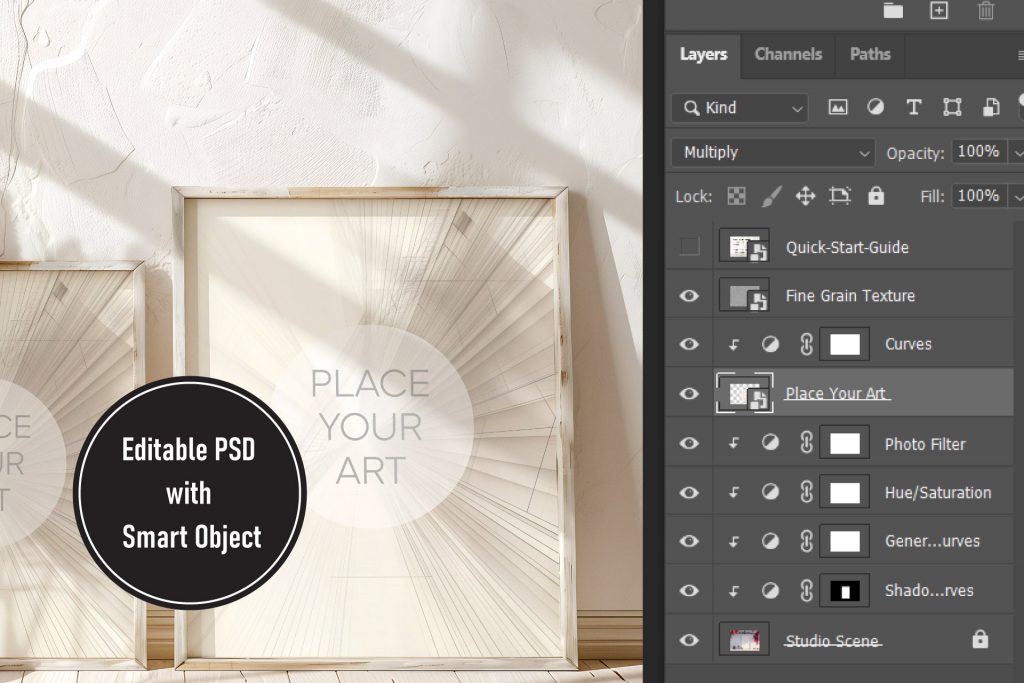 Photoshop layers panel interface overlaying a close-up of a wooden frame mockup with natural sunlight shadows and an instructional smart object sticker.