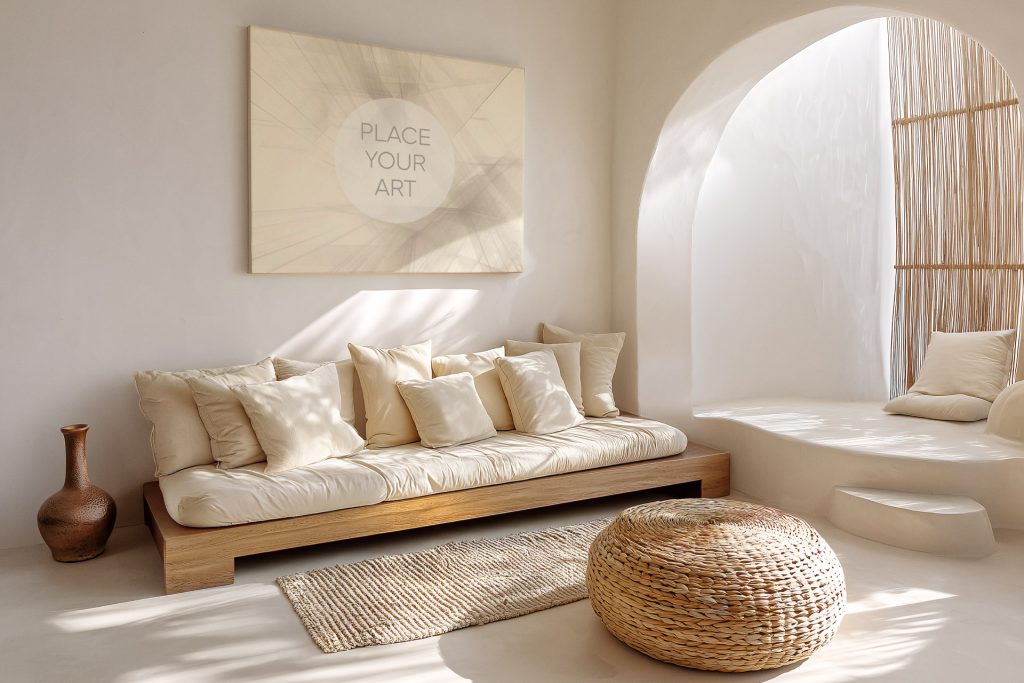 Large canvas art mockup hanging above a wooden daybed in a sunlit Mediterranean-inspired room with an arched niche and organic decor.