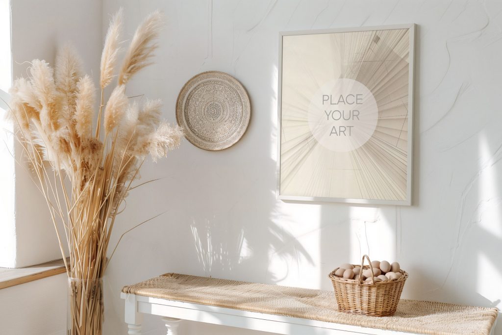 Vertical wooden frame mockup hanging on a white wall above a rustic bench with a woven seat, a small egg basket, and tall pampas grass.