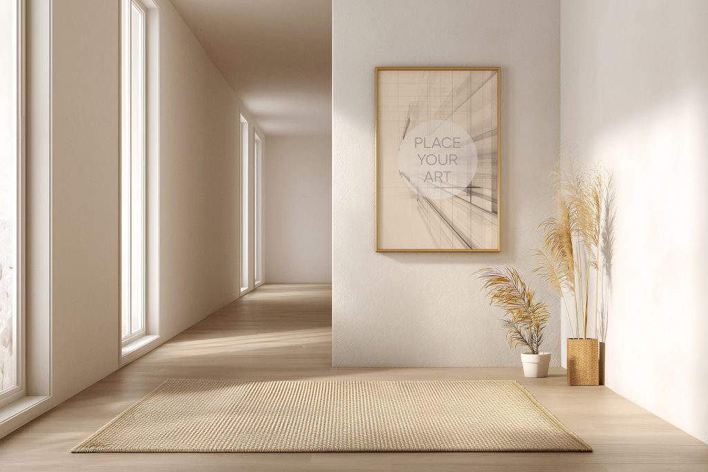 Vertical wooden frame mockup hanging on a clean white wall in a bright hallway with a rectangular jute rug and dried plants.