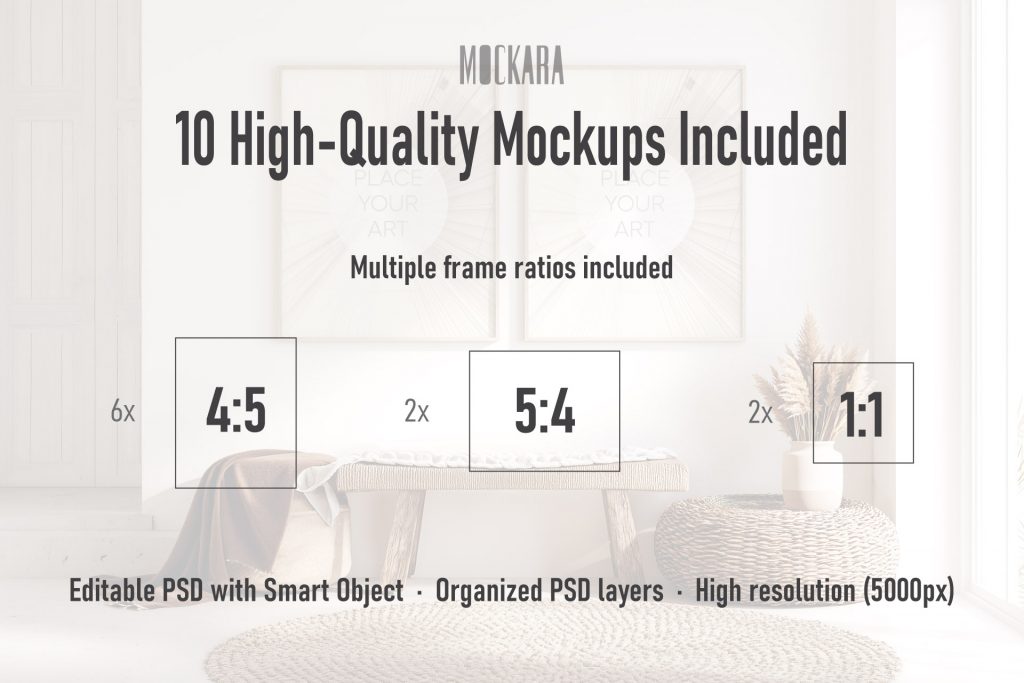 Technical infographic displaying aspect ratios for the boho mockup collection, including 4:5, 5:4, and 1:1 formats.