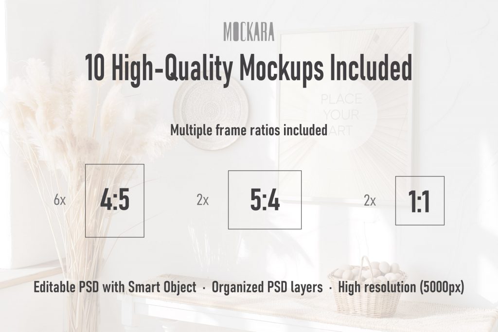 Technical infographic showing aspect ratios for the boho frame mockup bundle including 4:5, 5:4, and 1:1 formats.
