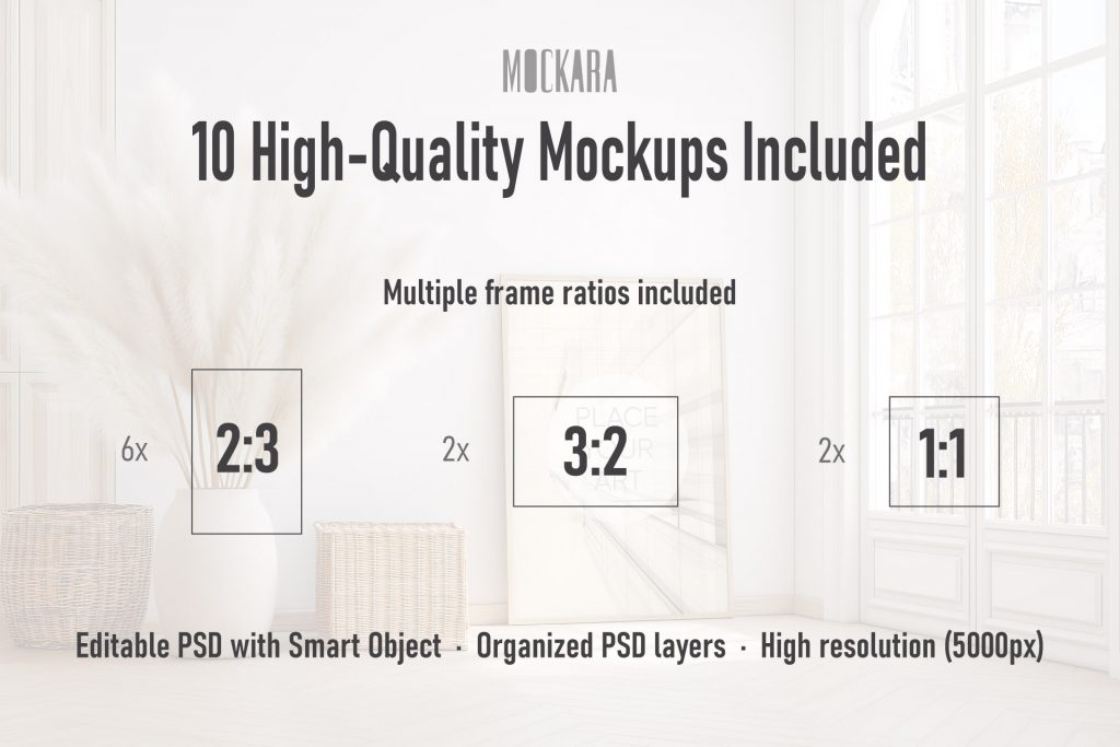 Technical infographic displaying aspect ratios for the boho mockup collection, including 2:3, 3:2, and 1:1 formats.