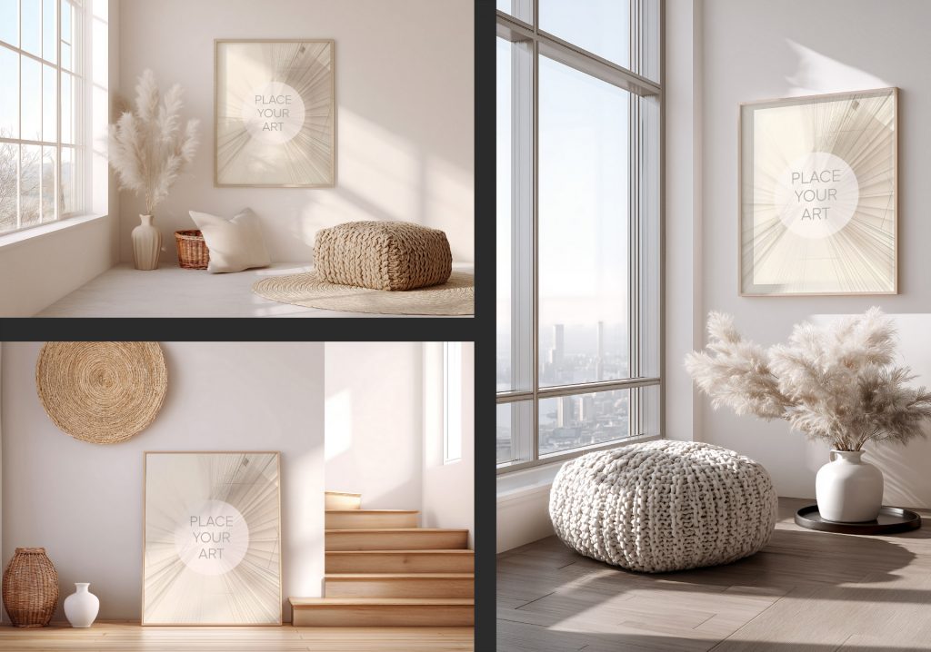 A collage featuring three interior scenes with vertical frame mockups in cozy, sunlit boho-style rooms with natural decor and textures.