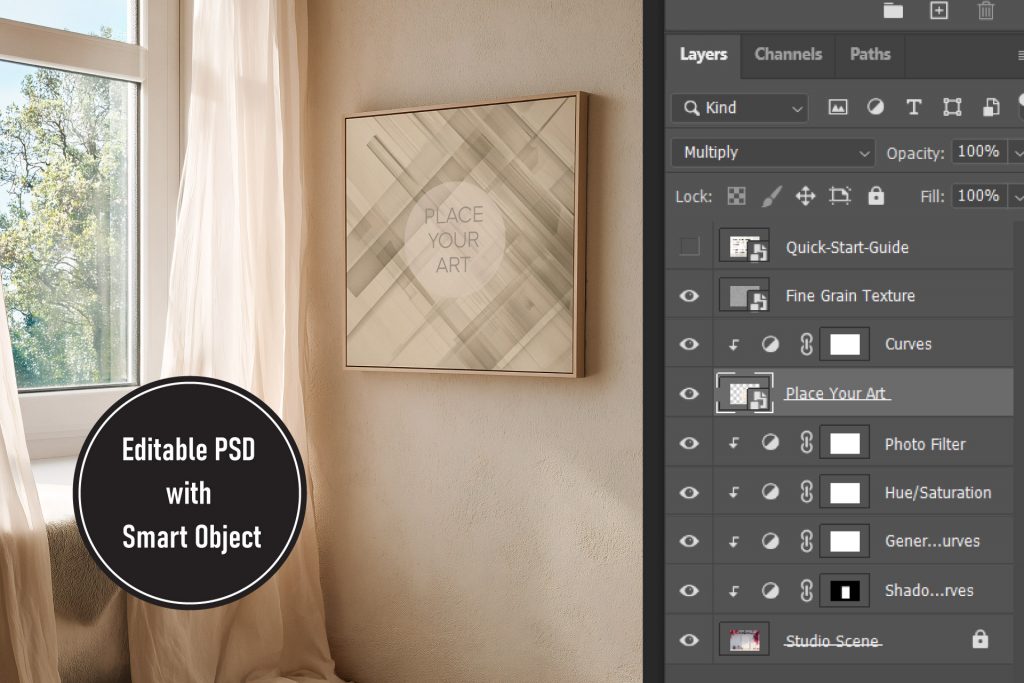 Photoshop layers panel showing the smart object feature for a square art mockup in a sunlit boho-style interior.