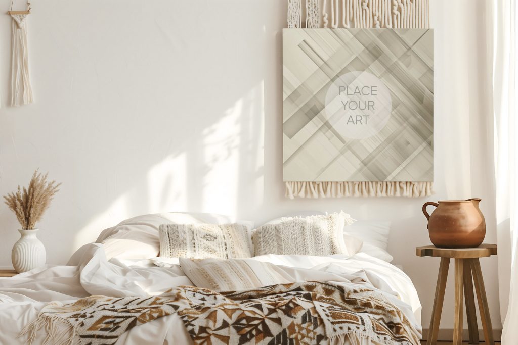 Square canvas art mockup hanging over an ethnic styled bed on a white wall with a macrame tapestry and a rustic wood nightstand.