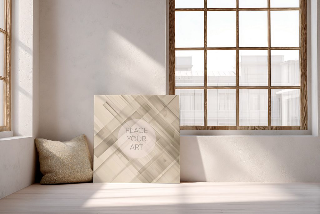 Square canvas art mockup leaning on the floor in a sunny corner next to a window and a textured cushion.