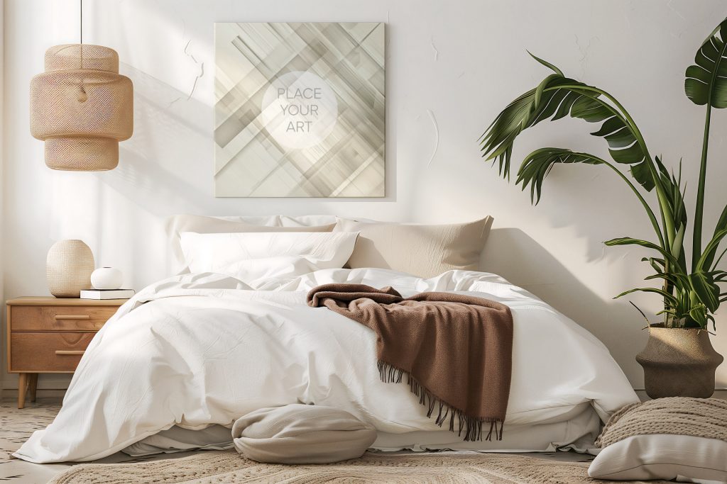Square canvas art mockup hanging on a white wall above a bed with white and brown bedding next to a large tropical plant and a rattan pendant light.