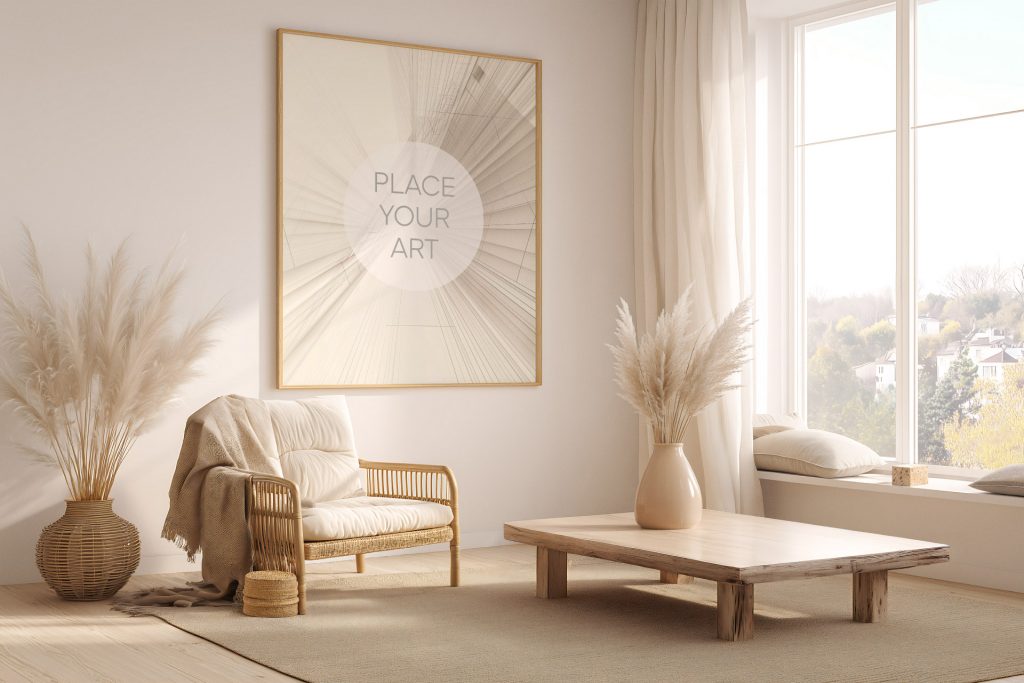Vertical wooden frame mockup hanging on a white wall above a bamboo armchair next to a low wooden coffee table and large window.