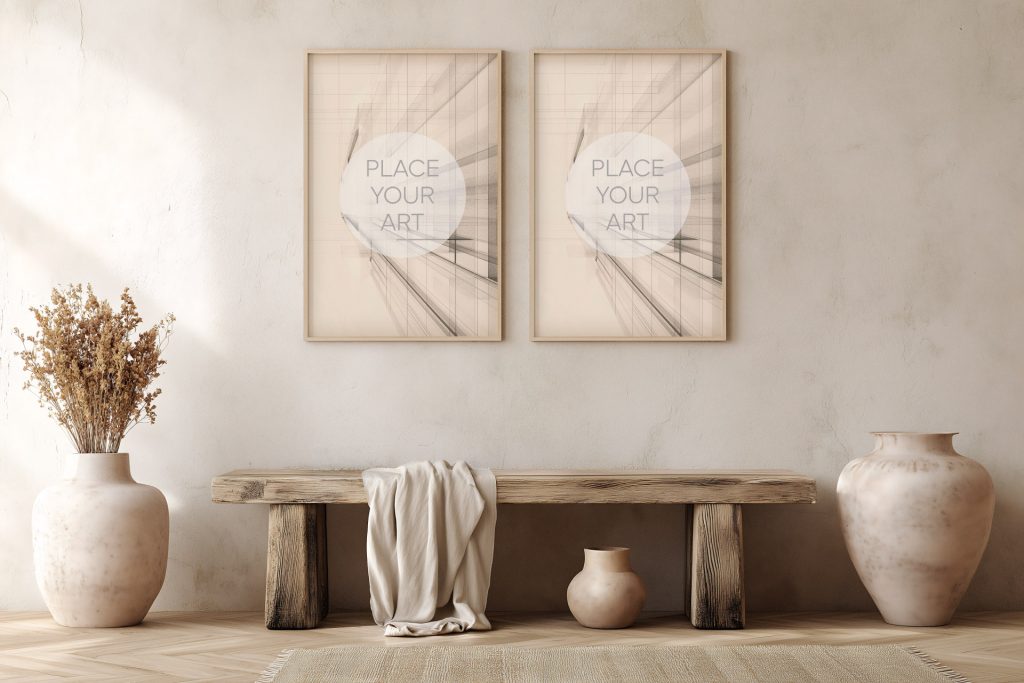 Two vertical wooden frame mockups hanging side-by-side on a rustic wall over a vintage timber bench with large ceramic vases on a chevron floor.