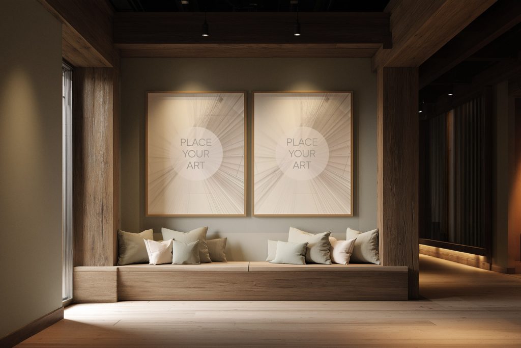 Two large vertical wooden frame mockups on a minimalist wall in a high-end corporate lobby or lounge area with architectural wood paneling and spotlights.