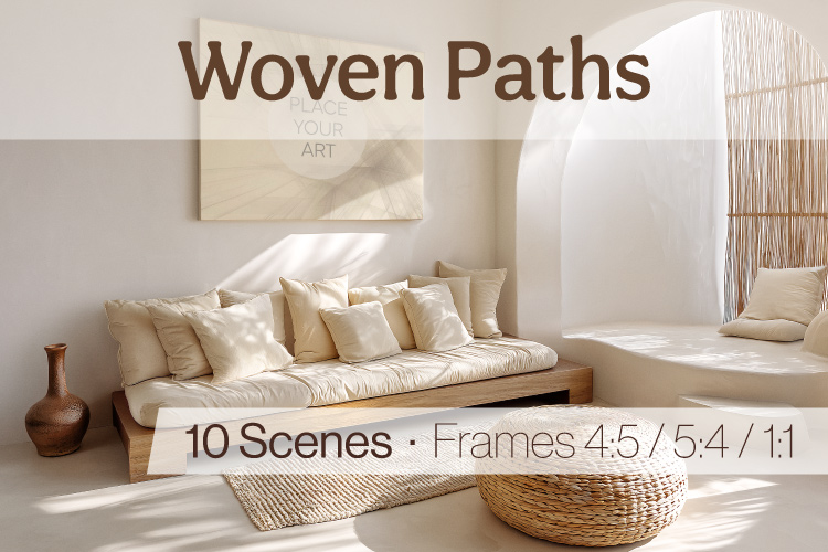 Bright boho wall art mockup with airy interior, natural textures and relaxed organic decor.