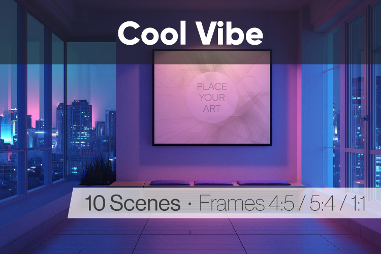 Lo-fi poster mockup in a moody room with blue and purple light