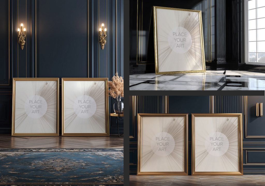 Two vertical gold frames leaning against a dark navy blue wall with gold trim and ornate candle-style wall sconces.