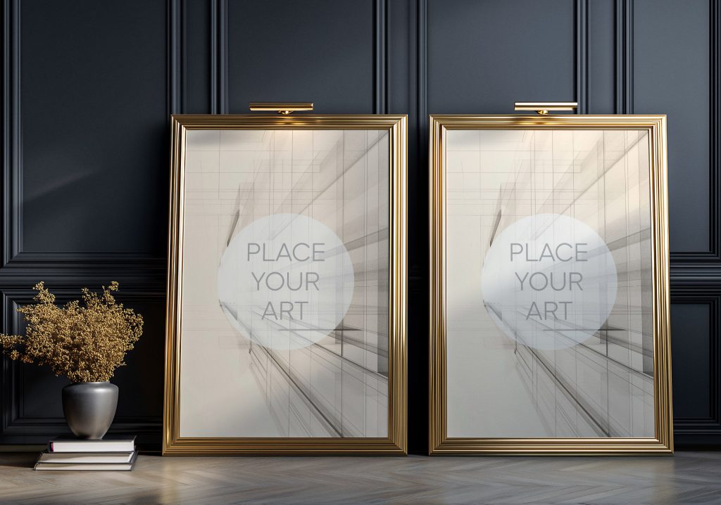 Two vertical ornate gold frames with gallery lights leaning against a dark wainscoted wall in a luxury Art Deco room.