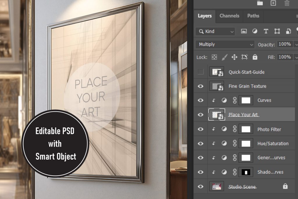 editable-psd-smart-object-layer-mockup-guide.jpg Adobe Photoshop layers panel display showing organized Smart Objects, adjustment layers for curves and photo filters, and fine grain texture options for an Art Deco mockup.