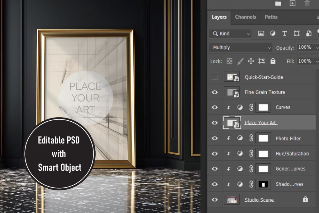 Photoshop layers panel showing organized smart objects and adjustment layers for a professional art mockup.