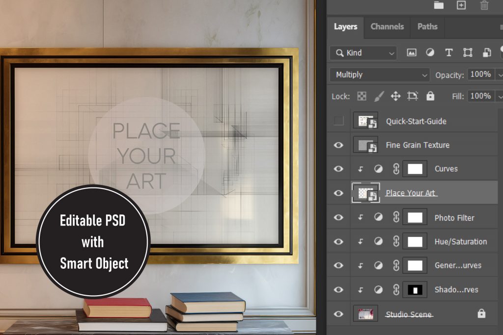 editable-psd-smart-object-mockup-organized-layers-guide.jpg Screenshot of Adobe Photoshop layers panel for an Art Deco mockup showing Smart Object, organized adjustment layers, and fine grain texture.