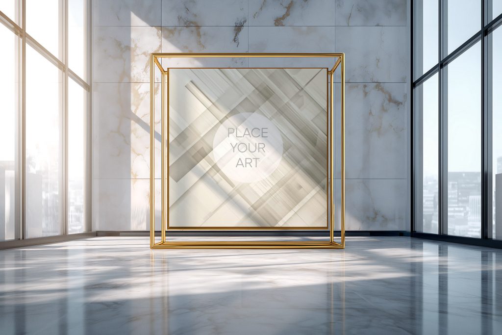 floating-square-gold-frame-mockup-marble-gallery-hall.jpg A large square gold frame mockup suspended within a golden cubic structure in a bright luxury marble hall with floor-to-ceiling windows.