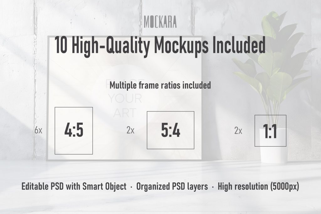 Technical size chart infographic for the mockup bundle showing 4:5 portrait, 5:4 landscape, and 1:1 square frame ratios against a bright concrete wall.
