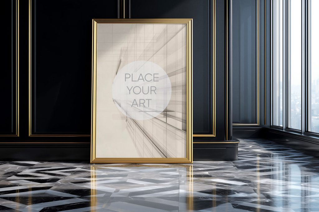 Ornate gold frame mockup leaning on a black and white geometric marble floor in a dark Art Deco penthouse.