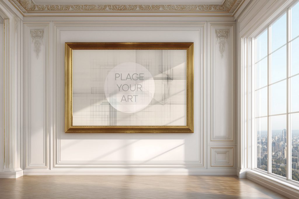 grand-horizontal-gold-frame-mockup-white-mansion-ballroom.jpg Large horizontal ornate gold frame mockup on a white paneled wall in a neoclassical ballroom with floor-to-ceiling windows overlooking a city skyline.