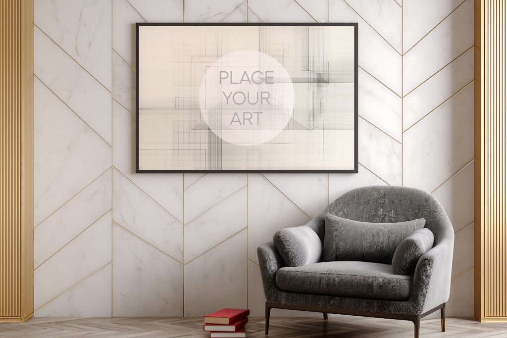 horizontal-black-frame-mockup-chevron-marble-wall-gold-inlay.jpg A large horizontal thin black frame mockup on a white marble wall with a gold chevron inlay pattern, featuring a grey velvet armchair and gold fluted pillars.