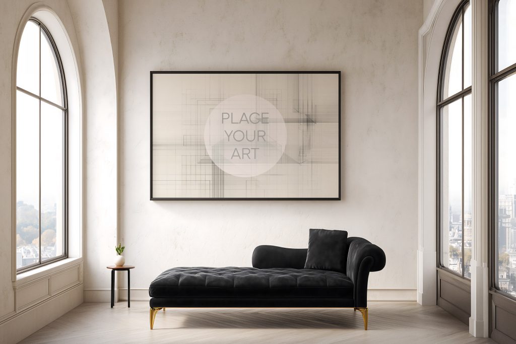 horizontal-black-frame-mockup-neoclassical-living-room-black-chaise-longue.jpg A large horizontal black frame mockup on a beige textured wall in a bright neoclassical room featuring a black tufted chaise longue with gold legs and large arched windows.