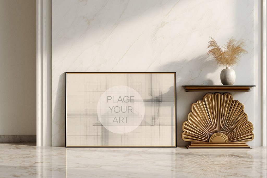 Horizontal black frame poster mockup leaning on a cream marble floor next to a golden scallop-shaped Art Deco console table.