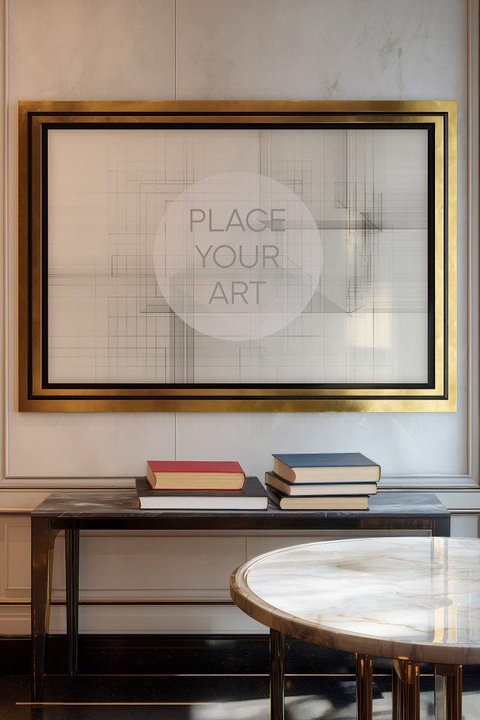horizontal-gold-black-frame-mockup-marble-console-art-books.jpg A large horizontal gold and black frame mockup on a white paneled wall above a dark marble console table with stacked art books.
