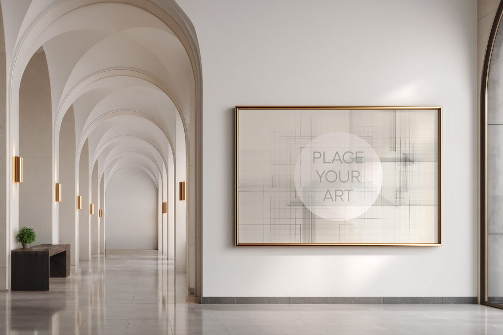 horizontal-gold-frame-mockup-neoclassical-arched-hallway-gallery.jpg A large horizontal thin gold frame mockup on a white wall in a bright, modern neoclassical corridor with repeated white arches and marble floors.