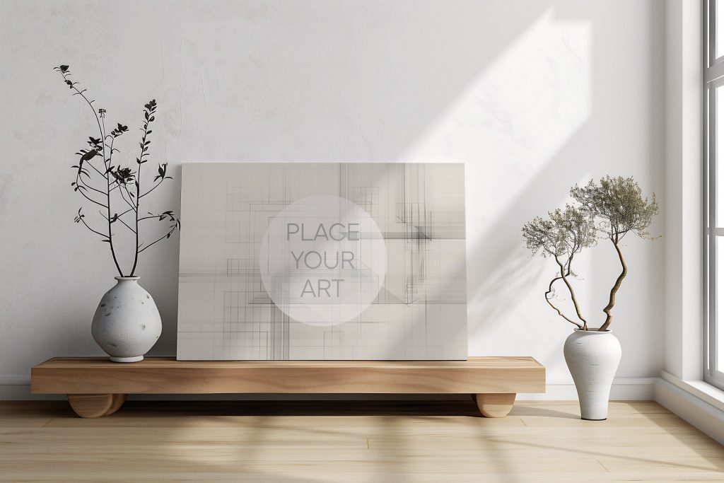 horizontal-poster-mockup-japandi-wooden-bench-minimalist-ceramics.jpg Horizontal canvas mockup on a low wooden bench between two white ceramic vases with dried branches in a bright Japandi room.